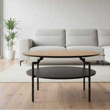 Load image into Gallery viewer, Goldington Coffee Table Round With Oak Top, Black Shelf And Metal Base 80cm

