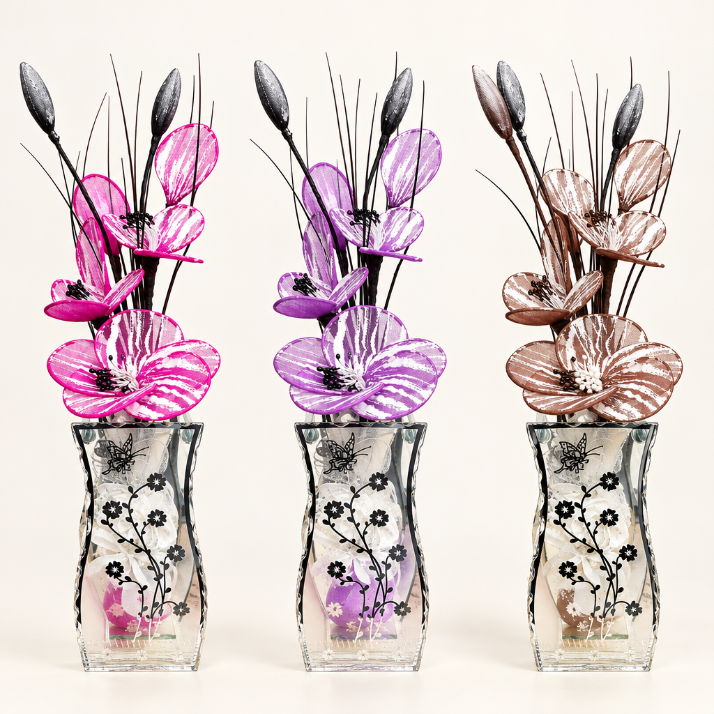 Gossamer striped flower arrangements in pink, purple and brown