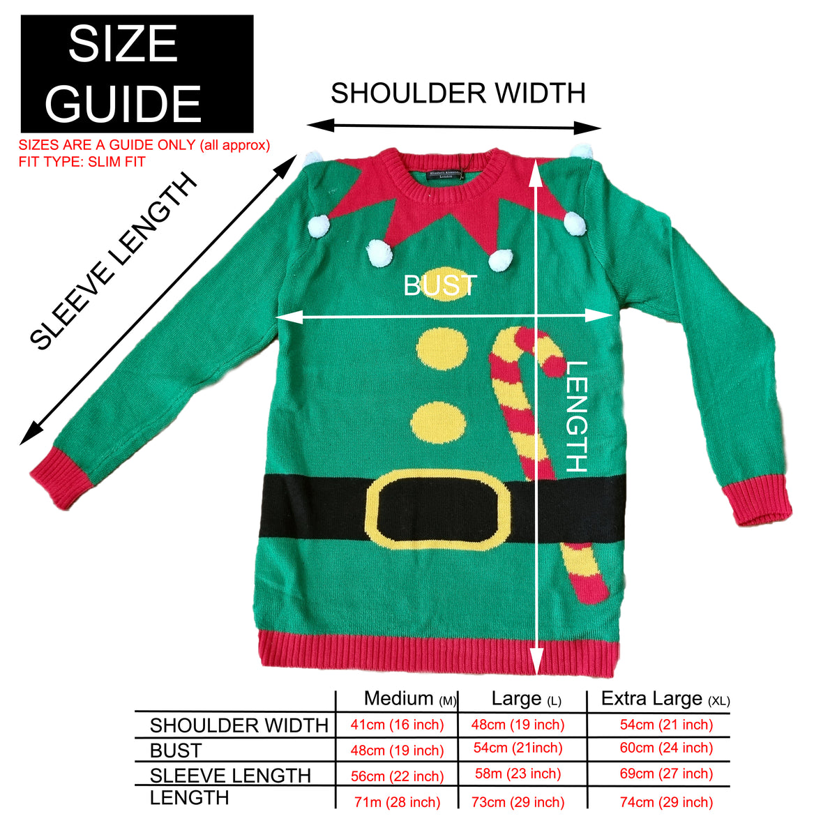 A festive green Christmas sweater size guide diagram on a white background, showing labeled dimensions for shoulder width, sleeve length, bust, and length, plus a size table for medium, large, and extra large.