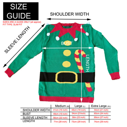 A festive green Christmas sweater size guide diagram on a white background, showing labeled dimensions for shoulder width, sleeve length, bust, and length, plus a size table for medium, large, and extra large.