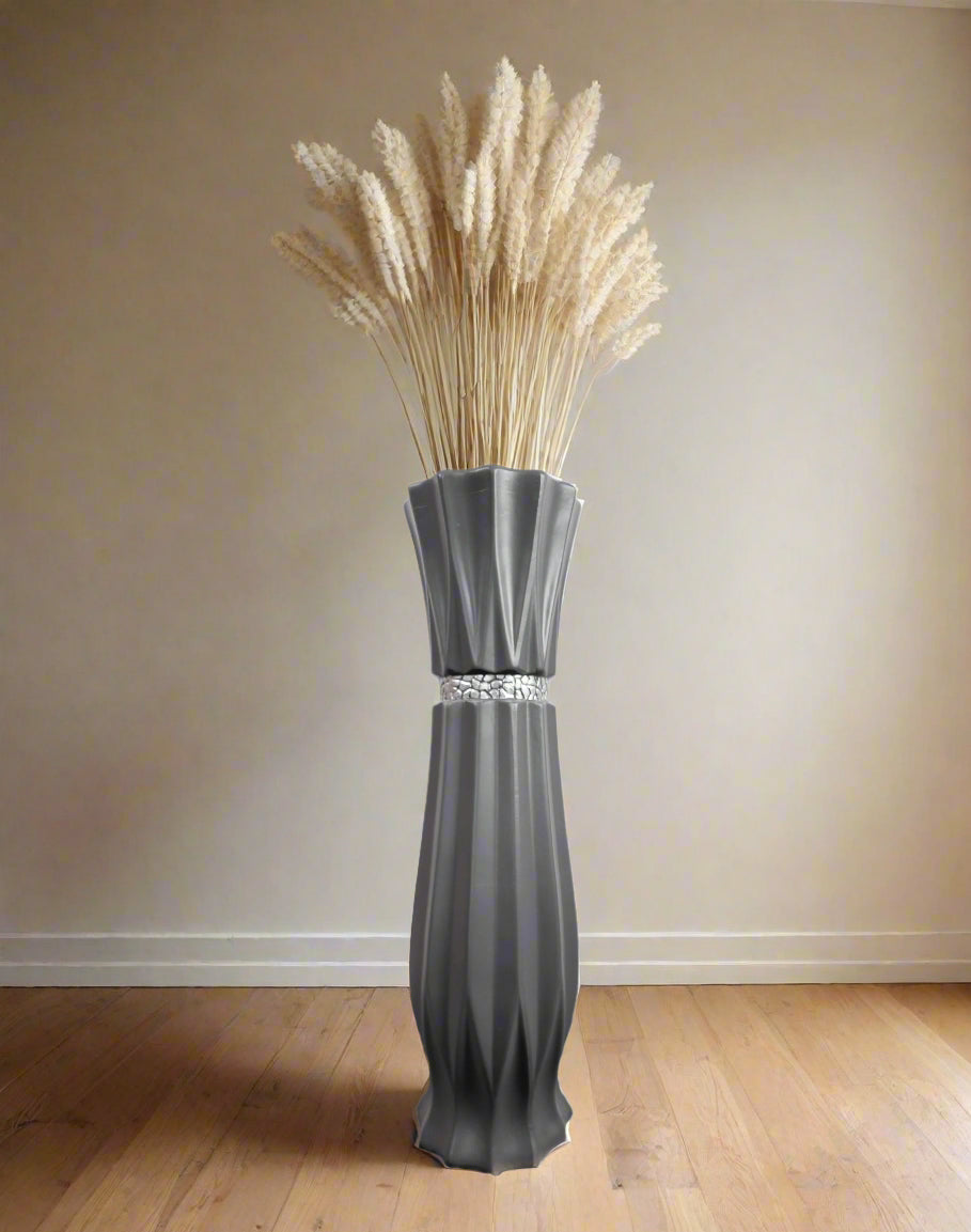 Large Grey Ceramic Floor Standing Vase With Stripe 60cm Home Decor