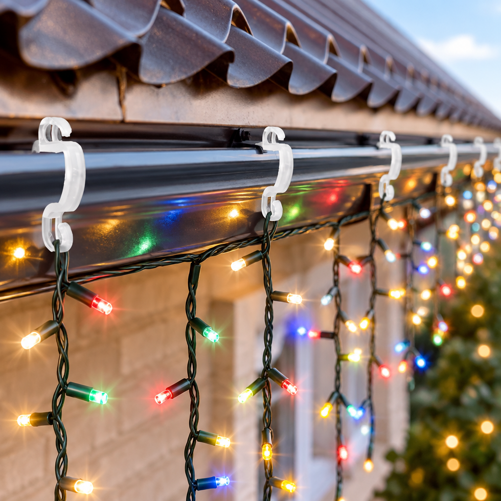 Multicoloured Christmas lights hanging on plastic guttering hooks outside a home