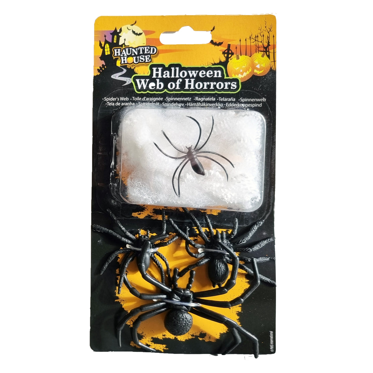 Packaged Halloween decoration set labeled 'Haunted House Halloween Web of Horrors,' showing a white faux web bundle in a clear plastic tray and several black plastic spiders on a black-and-orange backing card.