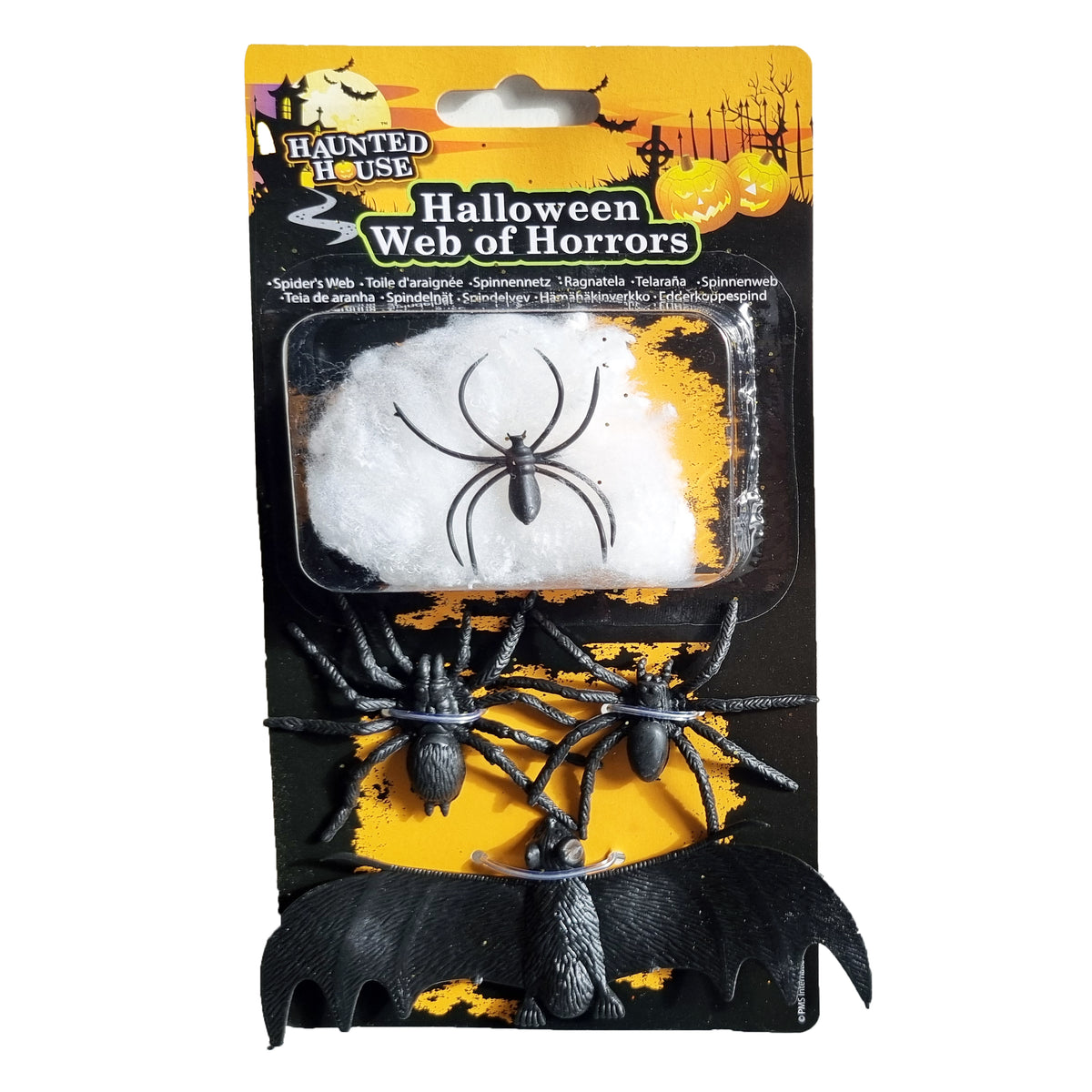 Haunted House Halloween Web of Horrors toy set in retail packaging, featuring black plastic spiders and a bat on a white webbed sheet against a black and orange backing card.
