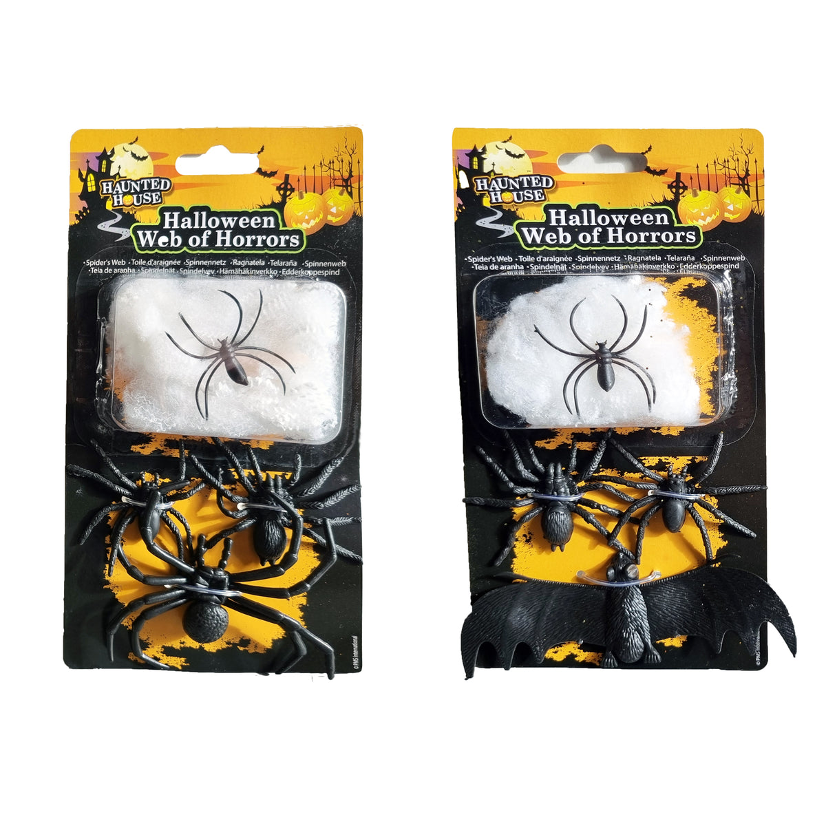 Two packages of Halloween web decorations on a white background. One package contains a white web with a black spider, and the other contains multiple black spiders including a large spider and a black bat.