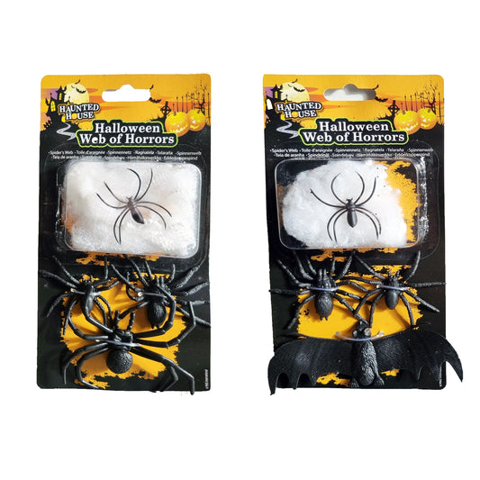 Two packages of Halloween web decorations on a white background. One package contains a white web with a black spider, and the other contains multiple black spiders including a large spider and a black bat.