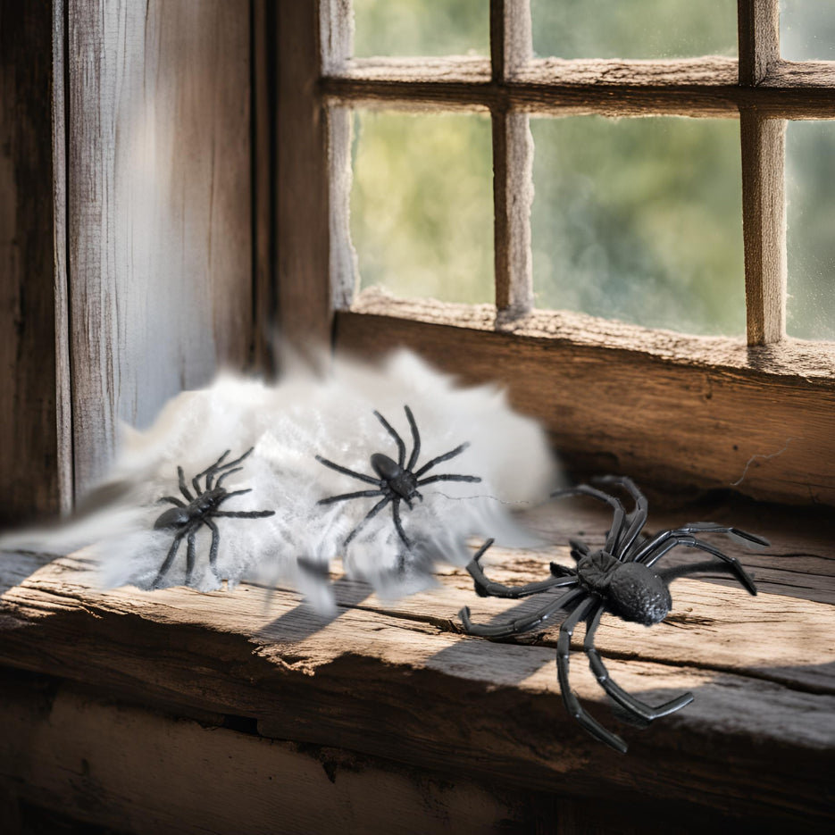 Three black plastic toy spiders arranged on white cobwebbing on a rustic wooden windowsill, with a real window and outdoor greenery blurred in the background.