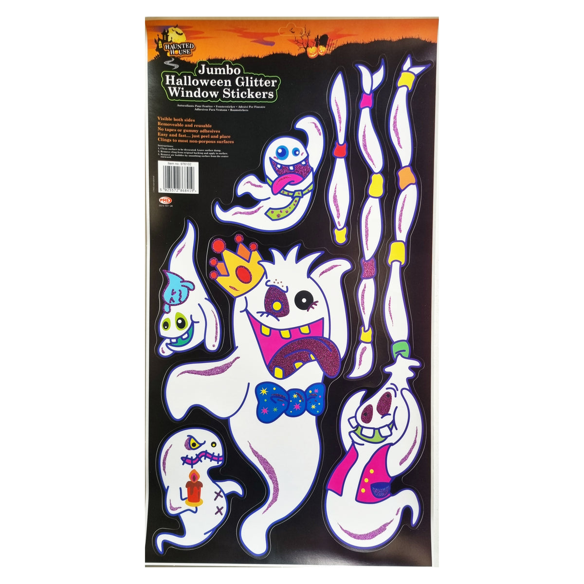 Halloween glitter window sticker sheet featuring cartoon ghosts and spider legs in white with colorful glitter-like outlines, shown in retail packaging on a white background.