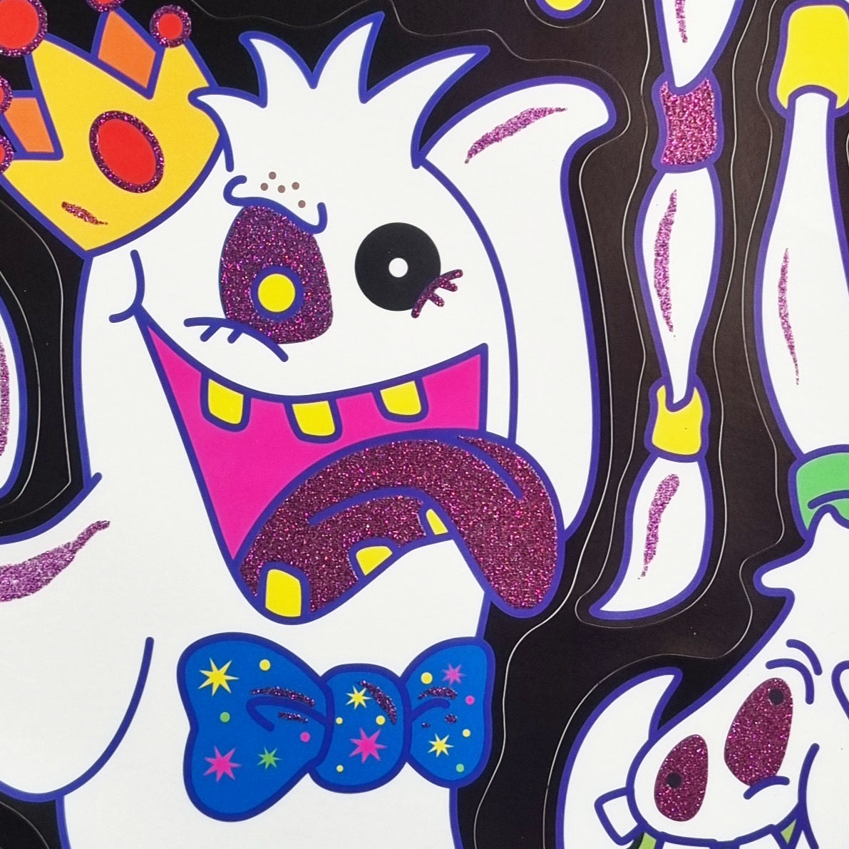 A close-up of a colorful cartoon-style illustration featuring a white ghost-like character with a yellow crown, large black-and-white eyes, a bright pink mouth, purple glitter-textured details, and a blue bow tie with star accents on a black background.