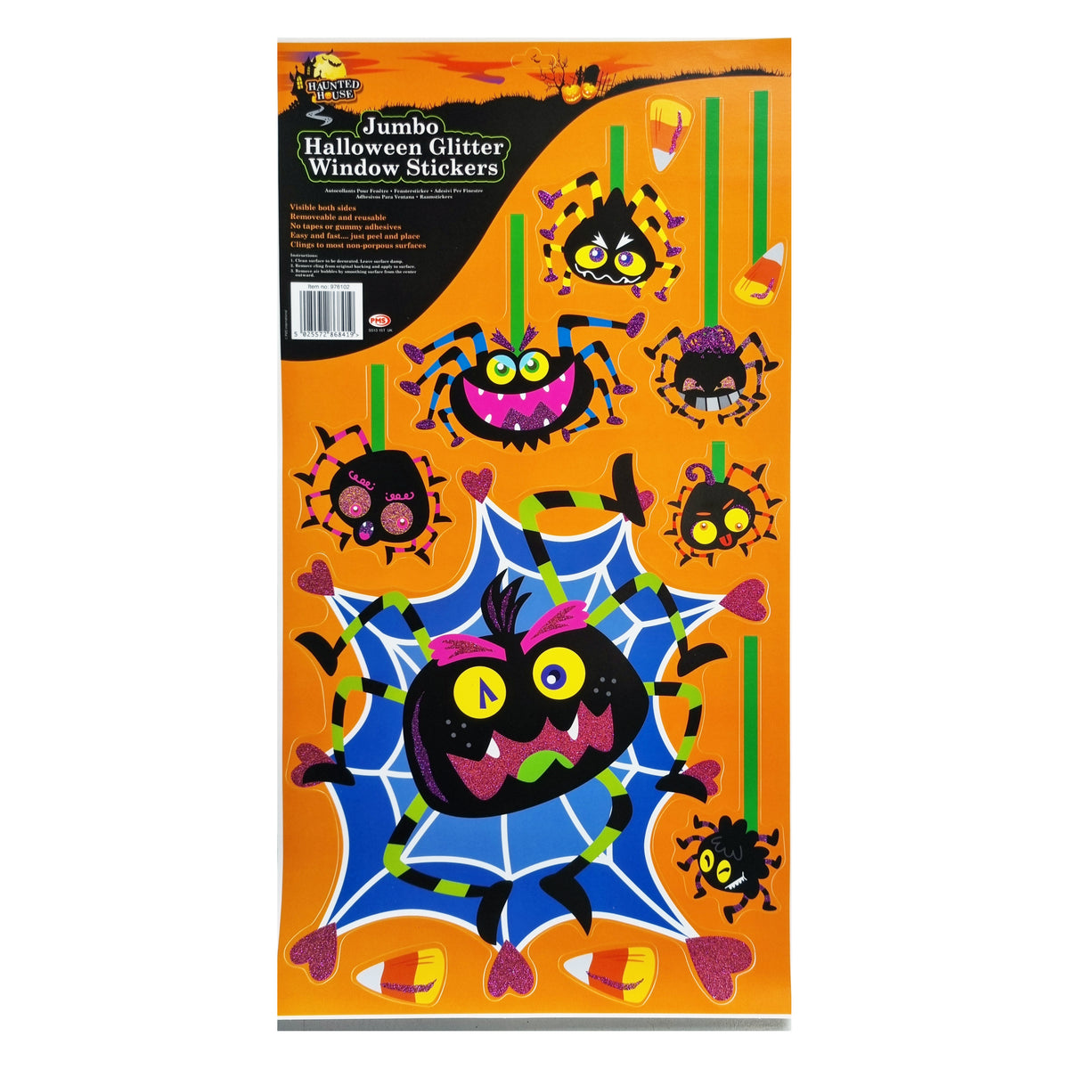 Halloween window sticker sheet featuring cartoon spiders, a spiderweb, candy corn, and orange background, with the text 'Jumbo Halloween Glitter Window Stickers' on the header.