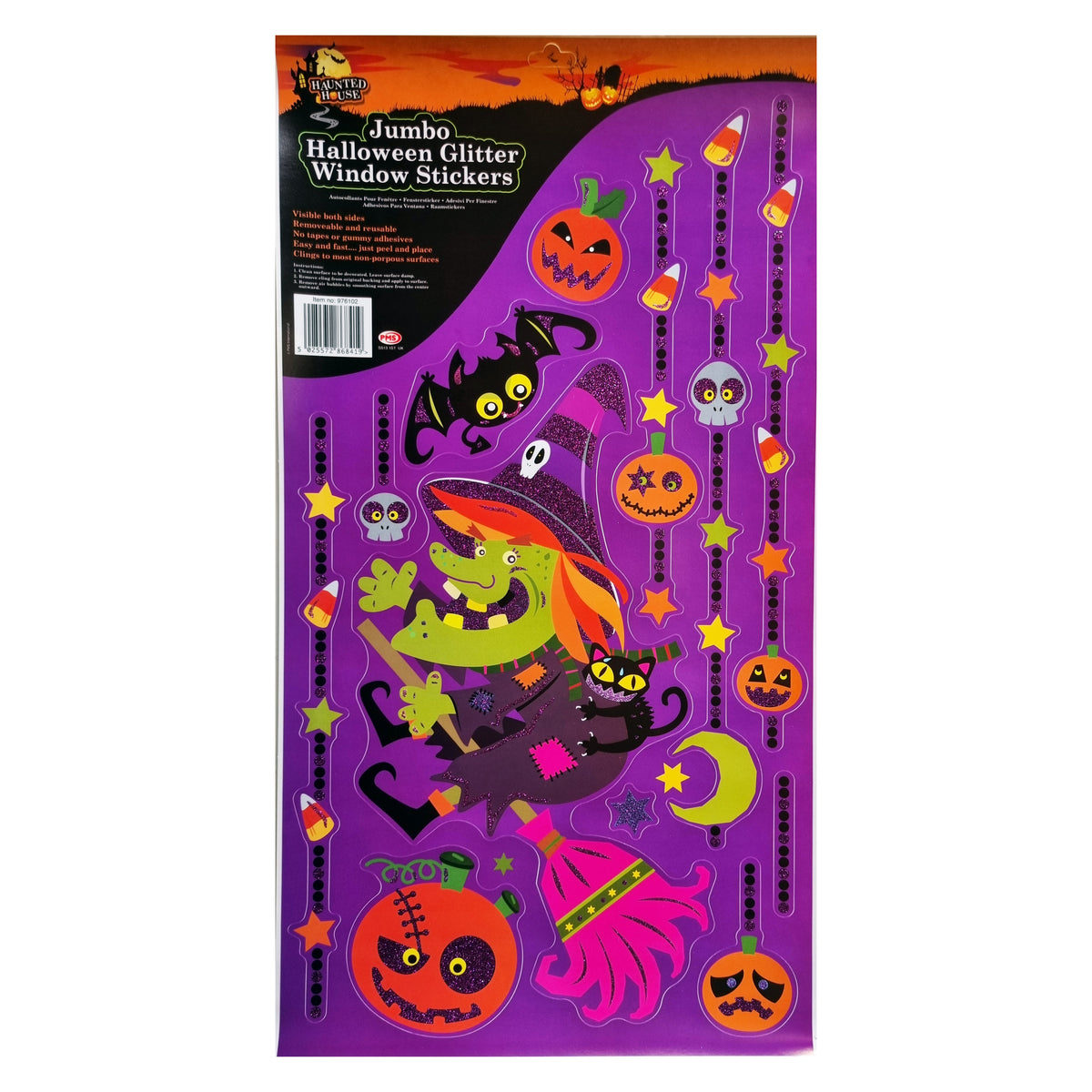 Halloween window sticker sheet featuring a witch riding a broomstick, jack-o'-lanterns, candy corn, a black cat, and stars on a purple background, with a product header card at the top.