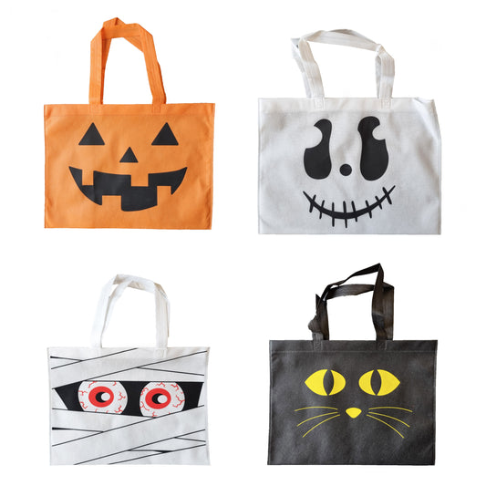 Four Halloween-themed tote bags with different designs on a white background.