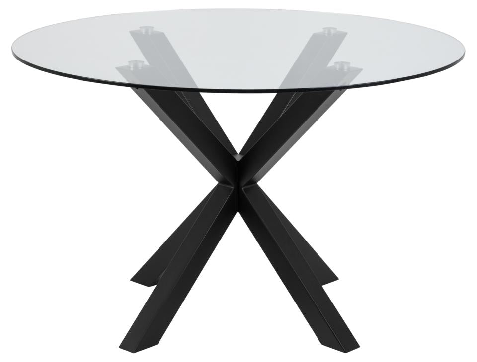 A modern round dining table with a clear glass top and a black metal X-shaped base, shown against a plain white background.