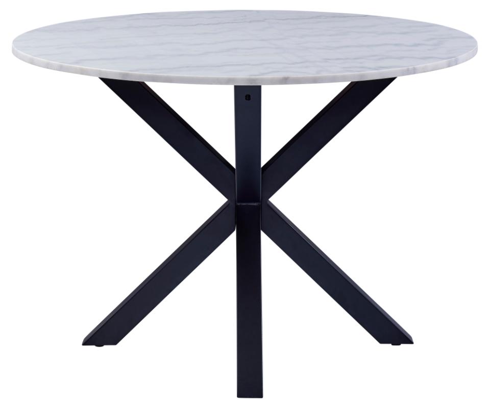Round table with white marble top and black metal legs on a white background