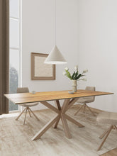 Load image into Gallery viewer, A modern rectangular dining table with a light natural wood top and a light oak X-shaped pedestal base, styled in a bright minimalist dining room with chairs, a pendant light, and a vase of flowers.
