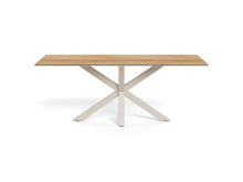 Load image into Gallery viewer, A rectangular dining table with a light oak wood top and a white painted metal X-shaped base, shown on a solid white background.
