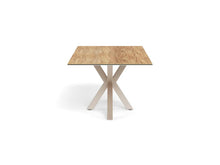 Load image into Gallery viewer, A square dining table with a light brown wood-grain top and a light beige X-shaped metal base, shown on a solid white background.
