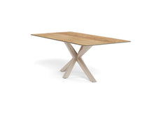 Load image into Gallery viewer, A rectangular dining table with a light oak wood grain top and a light beige X-shaped wooden base, shown on a solid white background.
