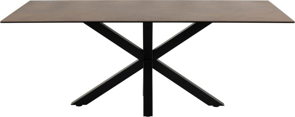 Rectangular table with a brown top and black metal legs on a white background
