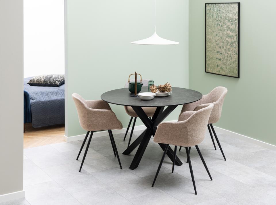 Heaven Round Black Ceramic Dining Table, Lavish Marble Look With Stylish Metal Base 119x75.5cm
