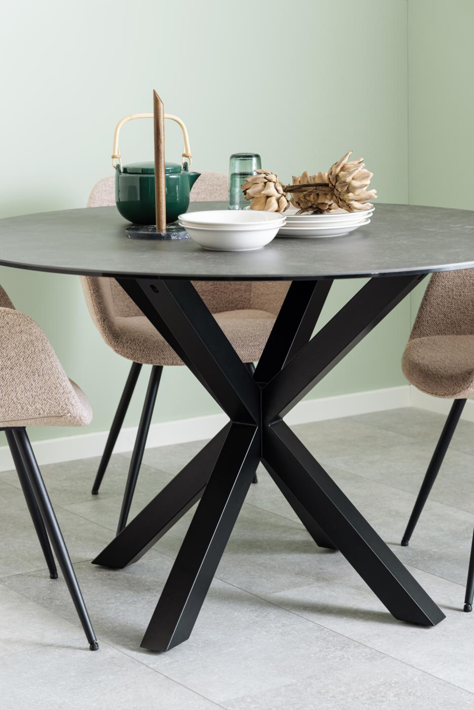 Heaven Round Black Ceramic Dining Table, Lavish Marble Look With Stylish Metal Base 119x75.5cm