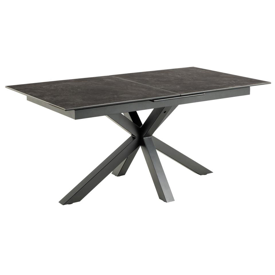 A modern rectangular dining table with a black ceramic top and a matching black X-shaped metal base, shown on a plain white background.