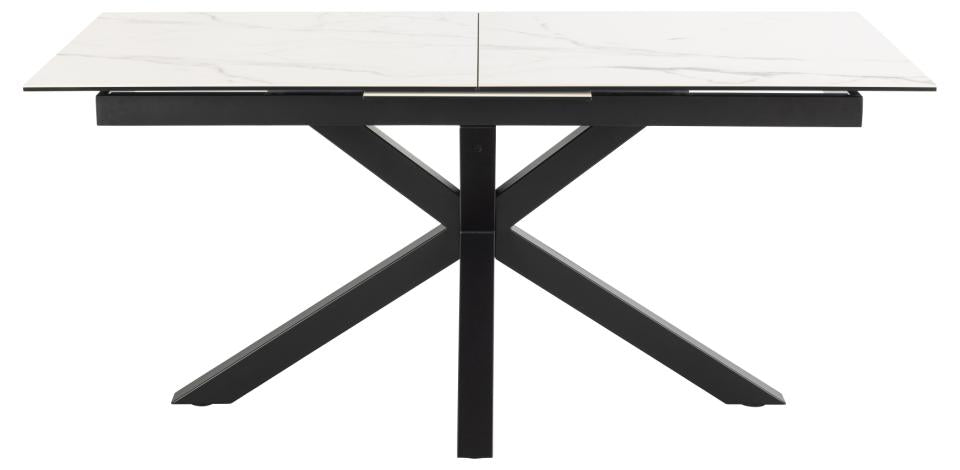 A modern rectangular dining table with a white marble-look top and a black metal X-shaped pedestal base, shown on a plain white background.