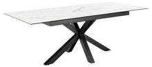 Load image into Gallery viewer, Modern dining table with white top and black metal legs on a white background

