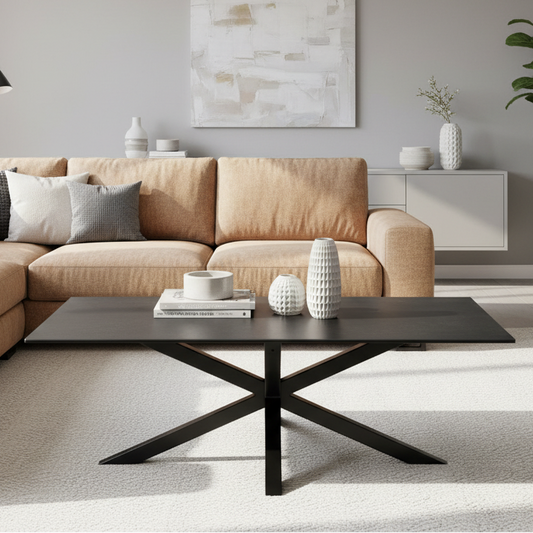 Heaven Rectangular Coffee Table Solid Metal Cross Legs, Black Ceramic Top 130x70cm