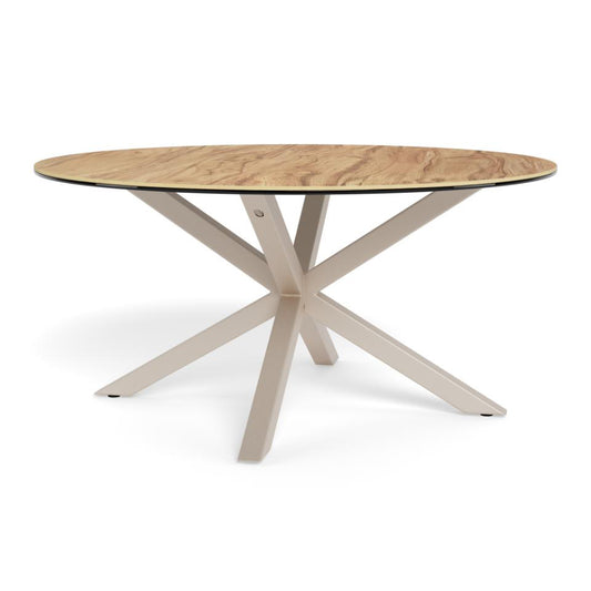 Round wooden table with a unique star-shaped base on a white background