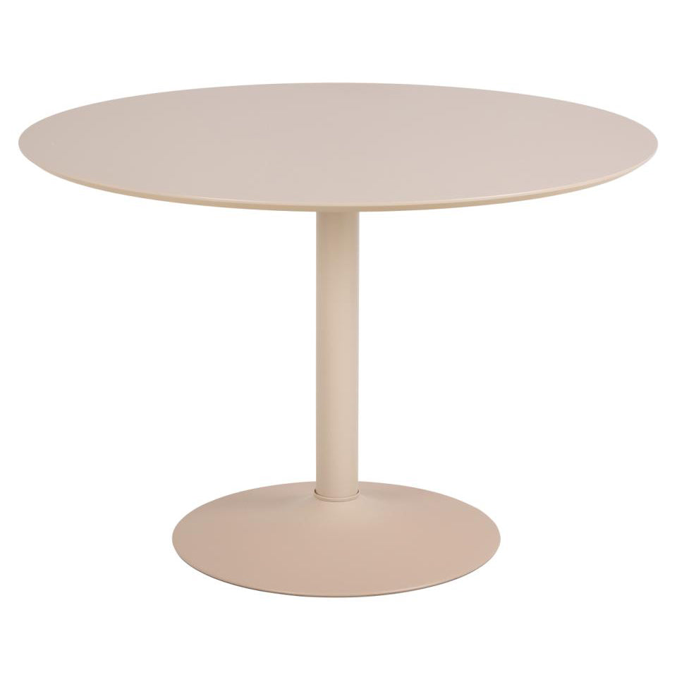 A round beige dining table with a single pedestal steel base.