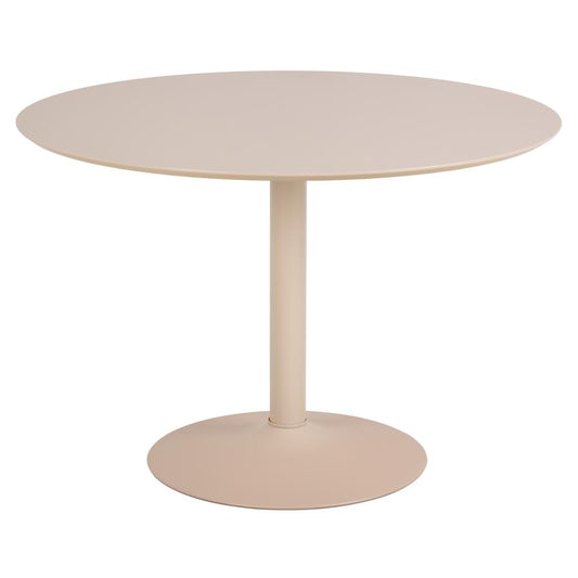 A round beige dining table with a single pedestal steel base.