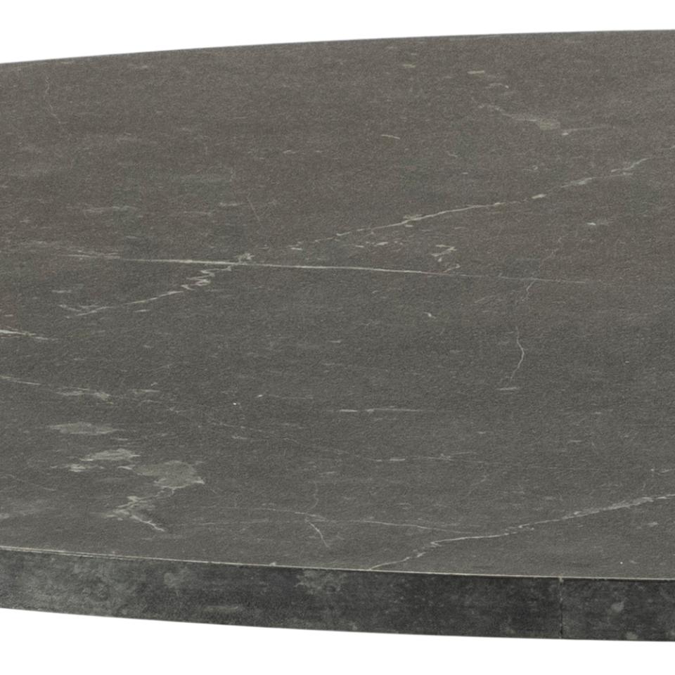 A close-up of a dark charcoal gray stone surface with subtle white and light gray veining, showing a curved edge and a flat top surface.