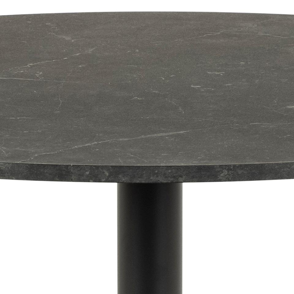 Close-up of a round dark gray stone tabletop with subtle white veining and a matte black cylindrical pedestal base against a white background.
