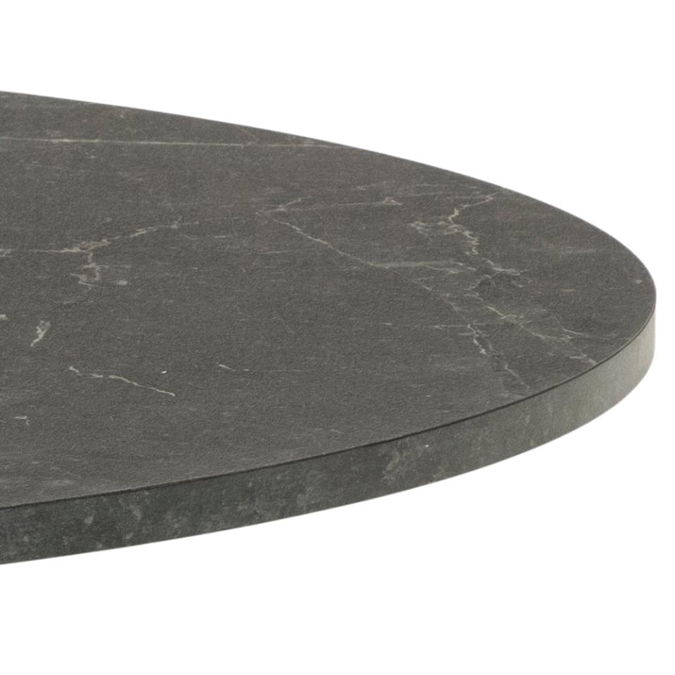 Close-up of a dark gray stone tabletop with natural veining, showing the curved edge and side profile against a white background.