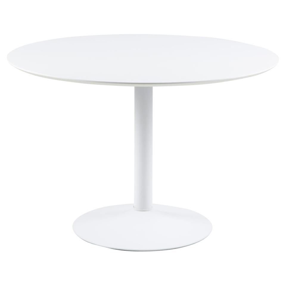 A round white dining table with a single pedestal metal base.