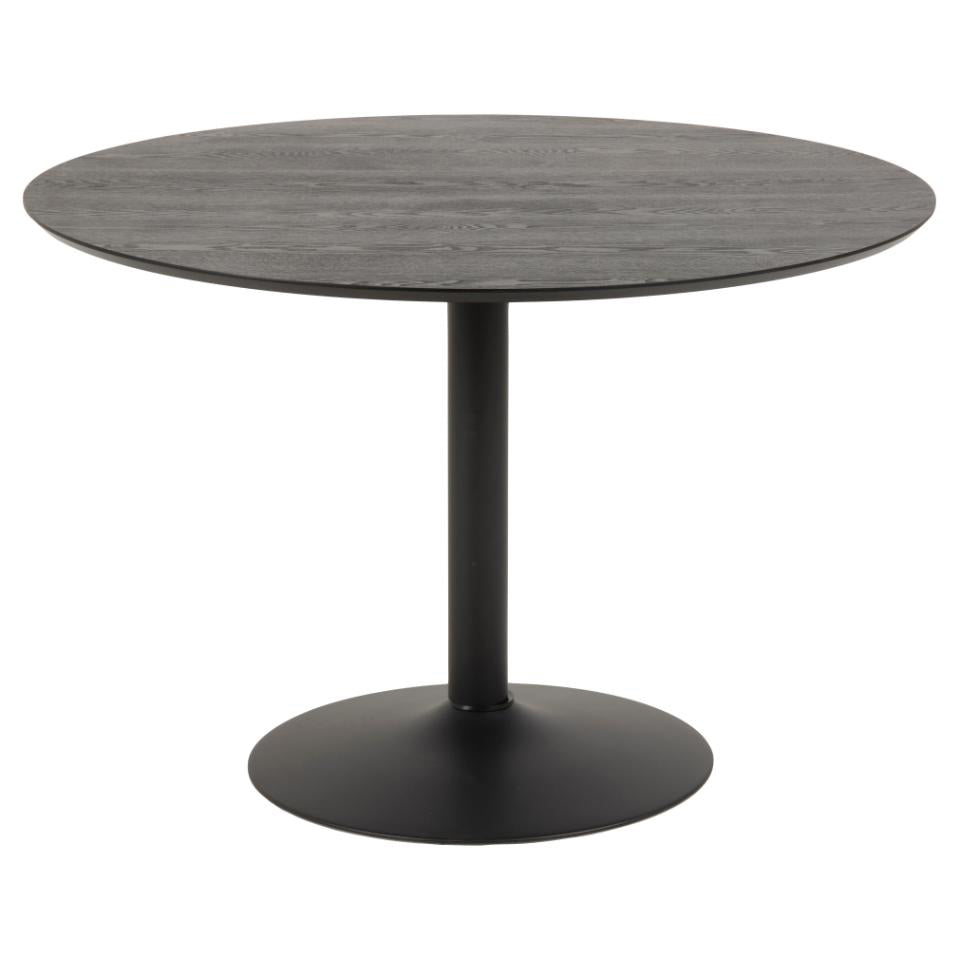 A round black dining table with a metallic base.