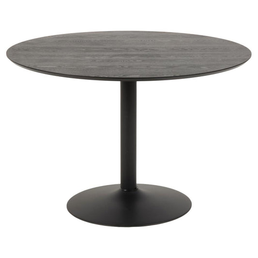 A round black dining table with a metallic base.