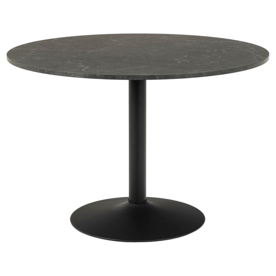 A round black marble dining table with a single central pedestal metal base.