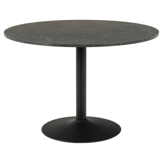 A round black marble dining table with a single central pedestal metal base.