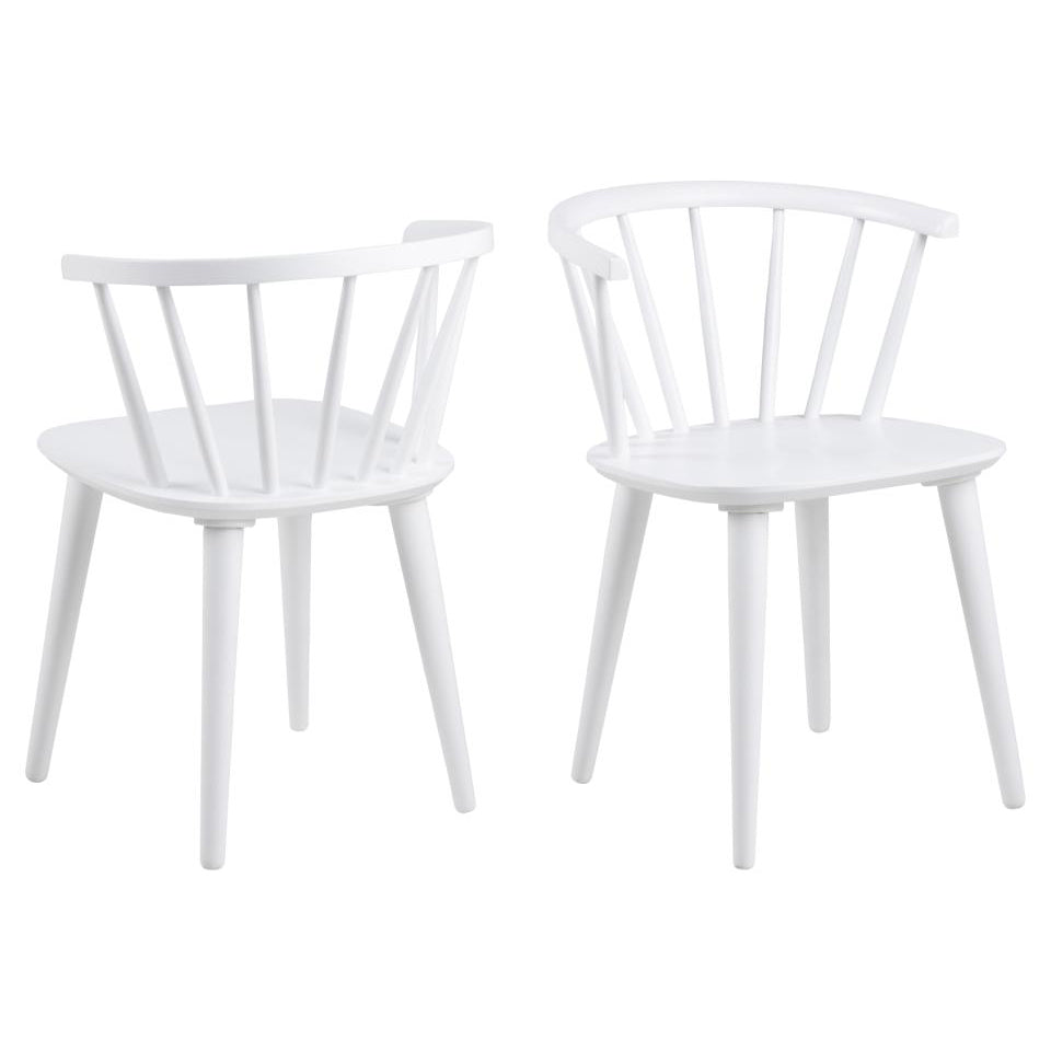 A set of two white dining chairs with a curved spoked backrest and seat, set against a white background.