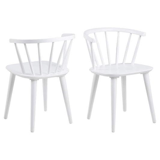 A set of two white dining chairs with a curved spoked backrest and seat, set against a white background.