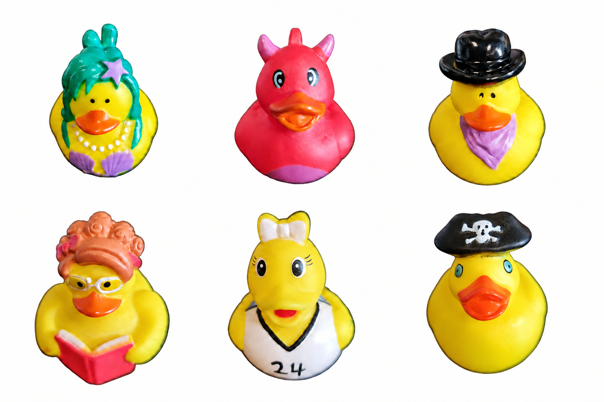 Example six mixed rubber ducks: mermaid, dragon, cowboy, book, cheerleader and pirate designs; actual assortment may vary