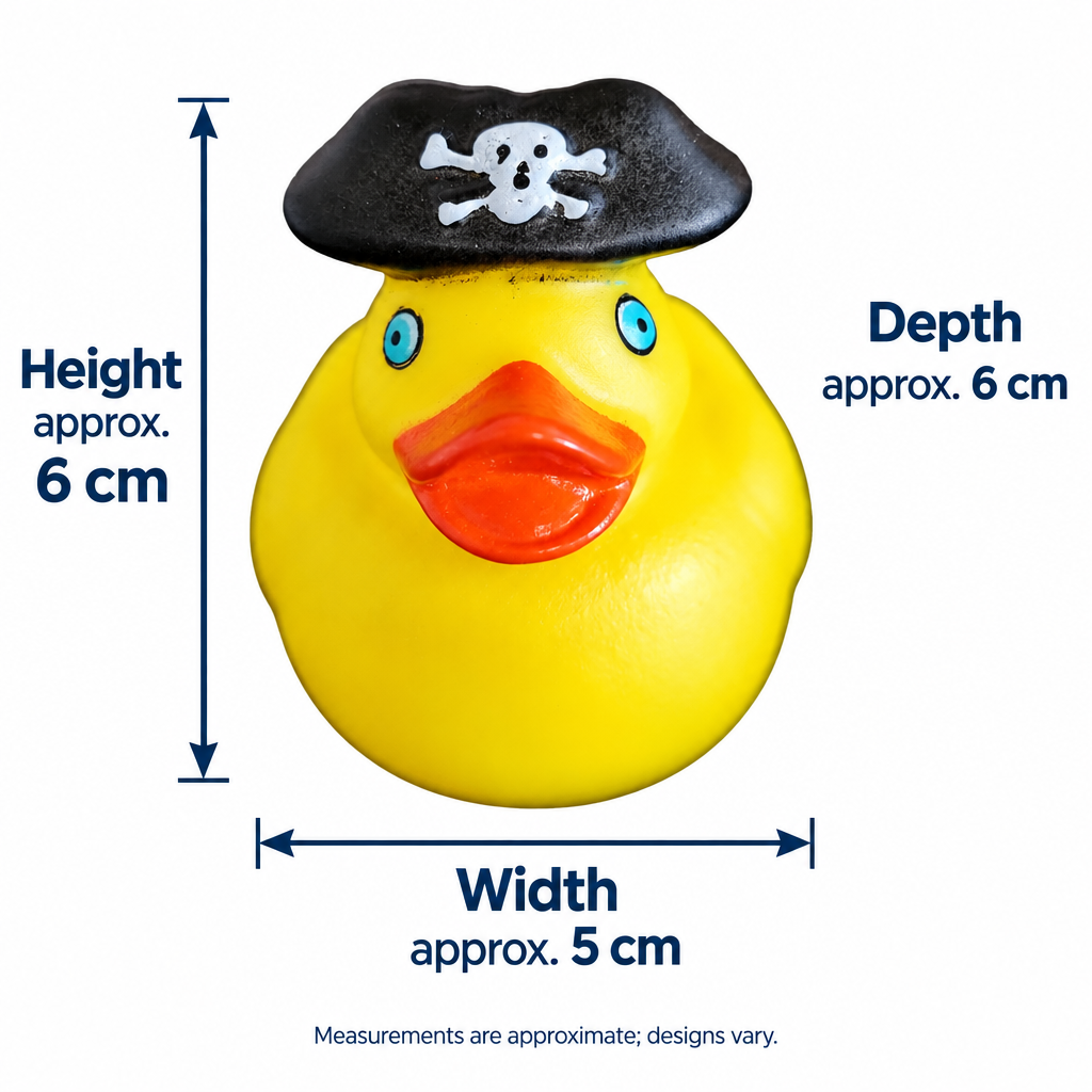 Example pirate rubber duck size guide: approximately 6 cm high, 5 cm wide and 6 cm deep; designs vary