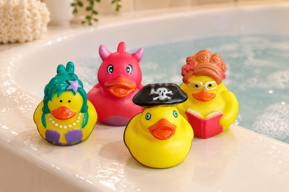 Example mixed rubber ducks on a bath edge; bath is not included, designs vary, and floating or squirting is not guaranteed