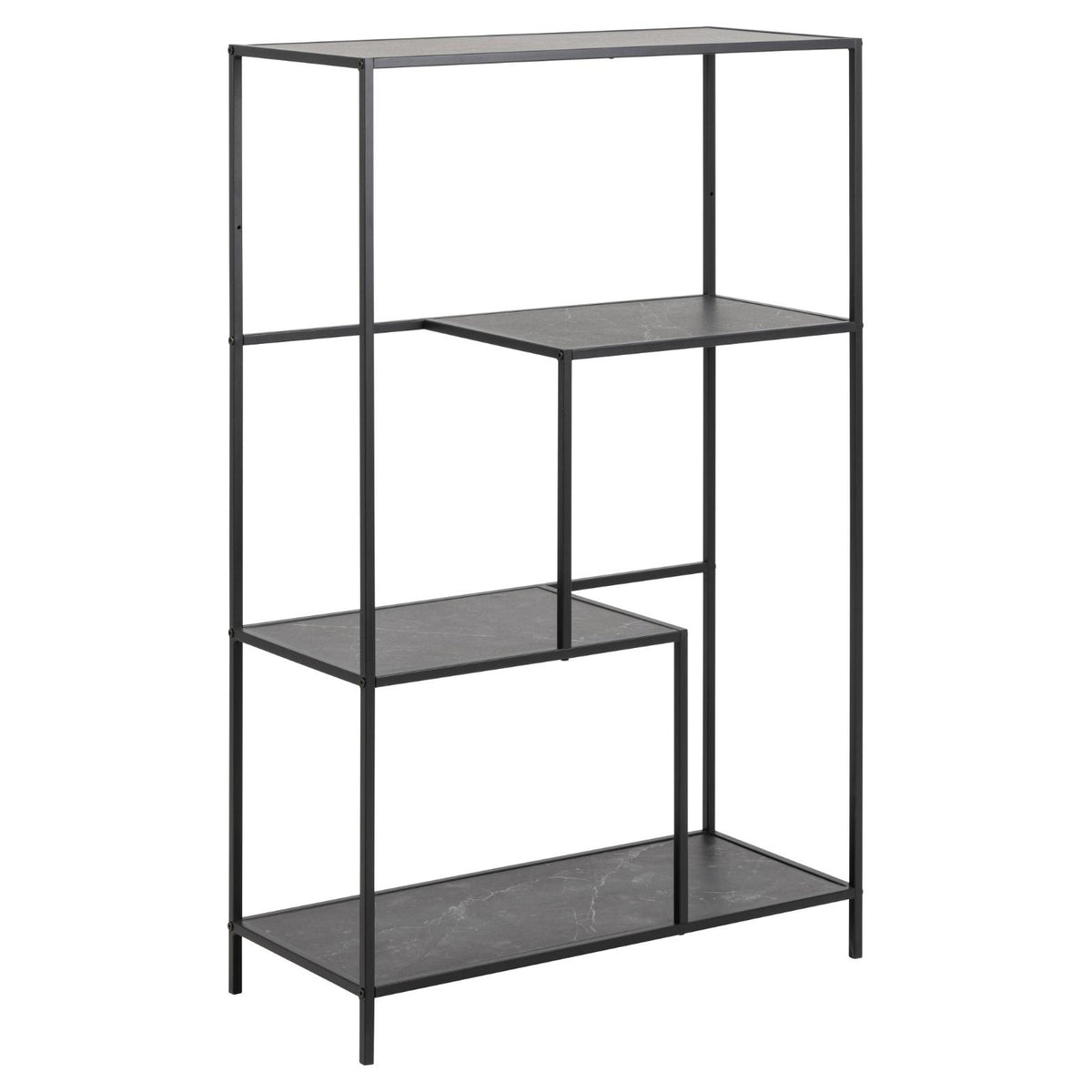 A modern 4-tier bookcase with a black metal frame and dark gray stone-look shelves, shown against a plain white background.