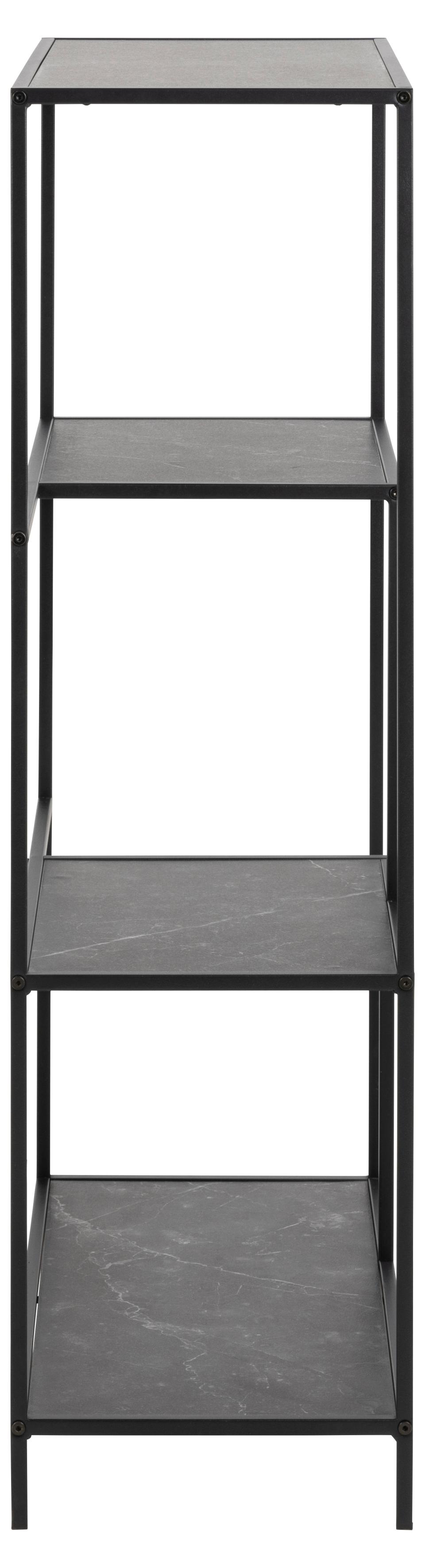 A four-tier open bookcase with dark gray marble-patterned shelves and a black metal frame, shown against a plain white background.