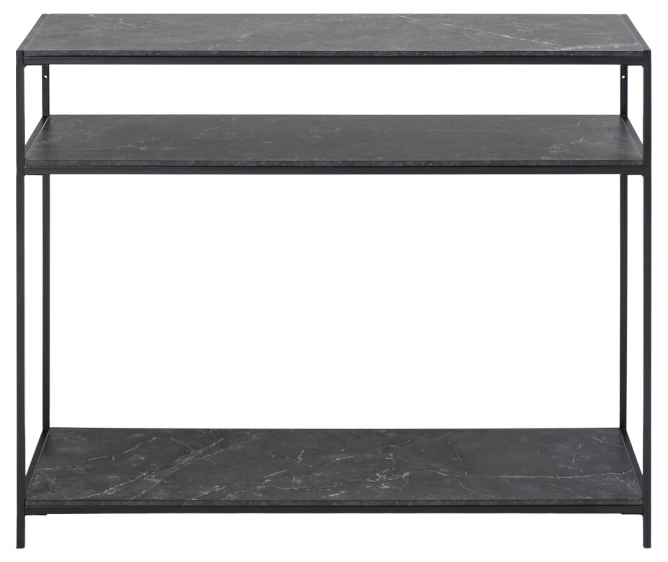A three-tier console table with dark gray marble-look shelves and a black metal frame, shown against a plain white background.
