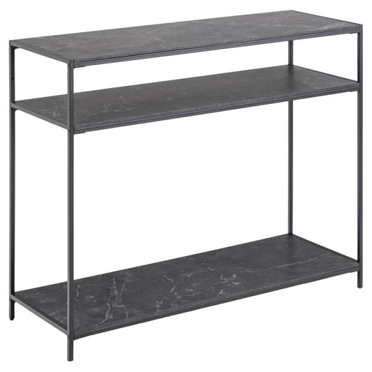 A rectangular console table with a black marble print top and a black steel base featuring two shelves.