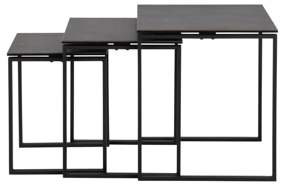 Three nested rectangular nesting tables with dark gray wood-look tops and black metal frame legs, shown on a plain white background.